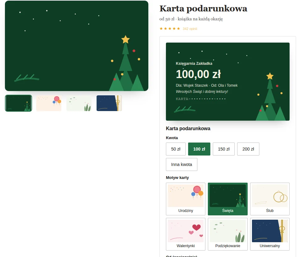 Księgarnia: Karta na święta bez szukania kodu w wiadomości