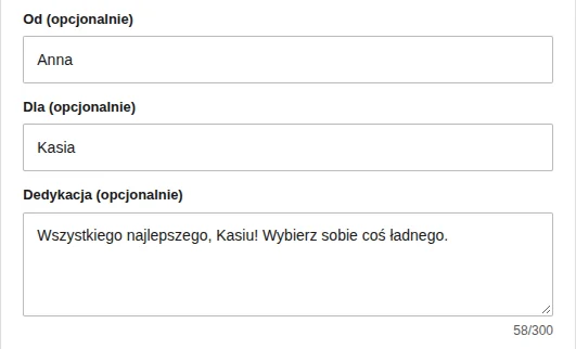 Pola do wypełnienia. Wszystkie są opcjonalne.
