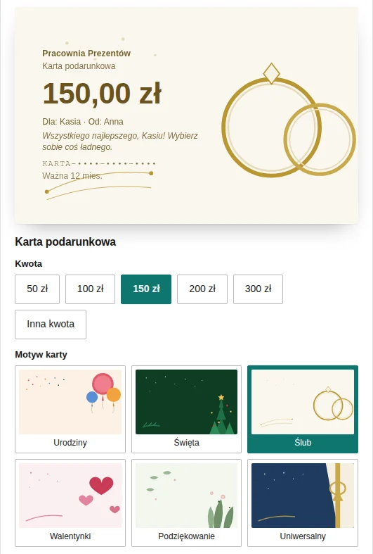 Konfigurator karty podarunkowej w sklepie: podgląd karty z dedykacją, kwoty i motywy