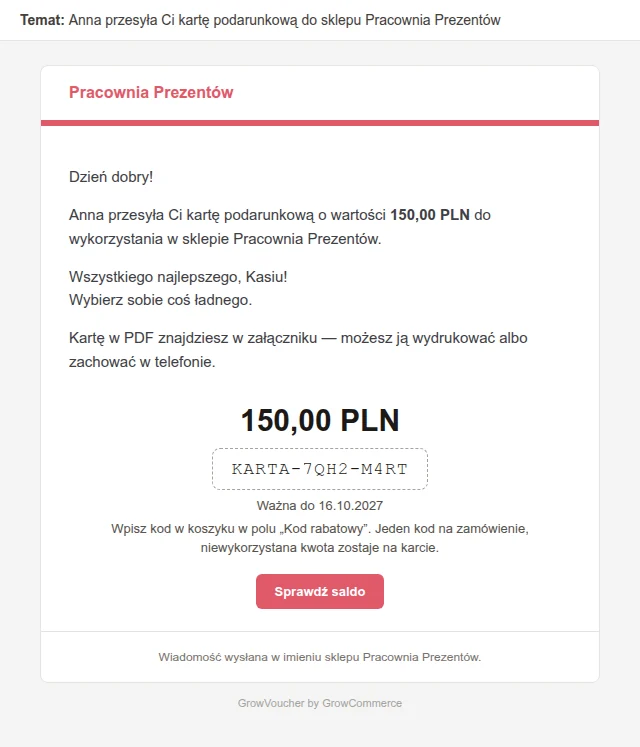 Karta dla odbiorcy. Kod, kwota, dedykacja i PDF w załączniku.