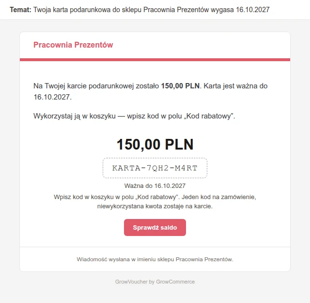 Przypomnienie. Wysyłane automatycznie przed końcem ważności.