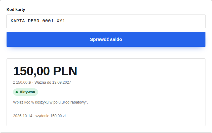 Strona Sprawdź saldo z wynikiem dla karty