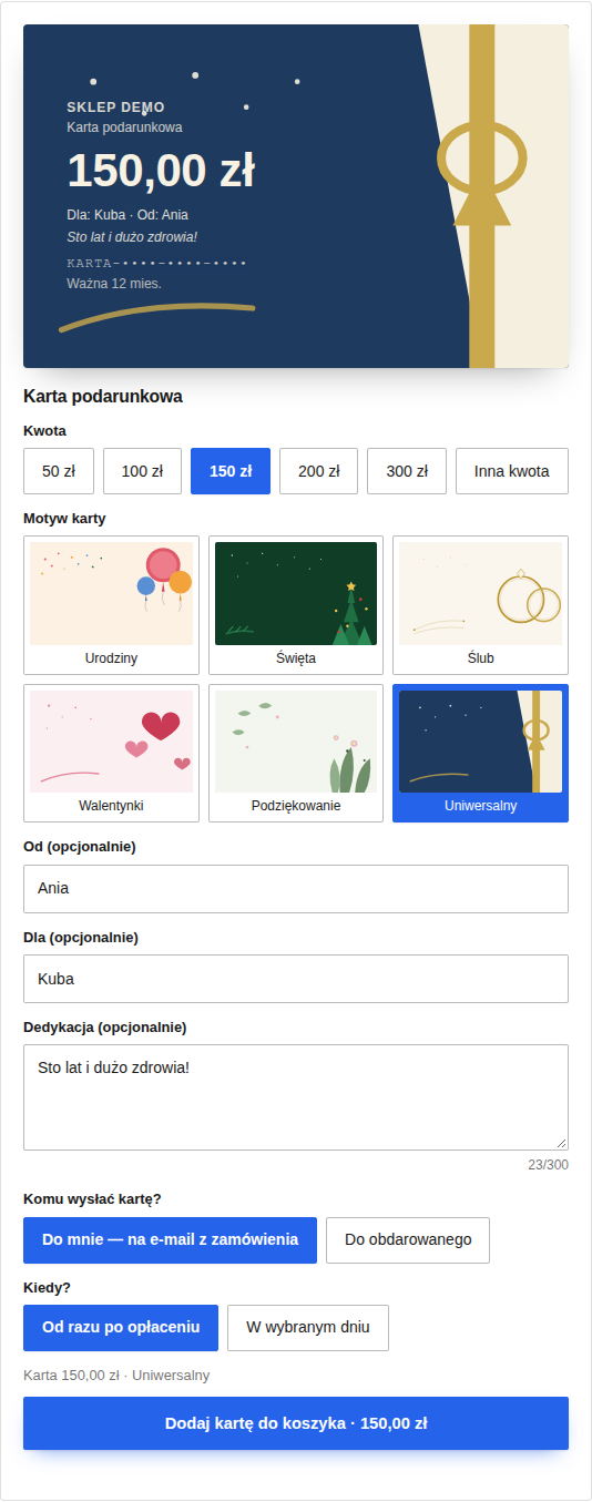 Konfigurator karty podarunkowej na karcie produktu w sklepie Shoper